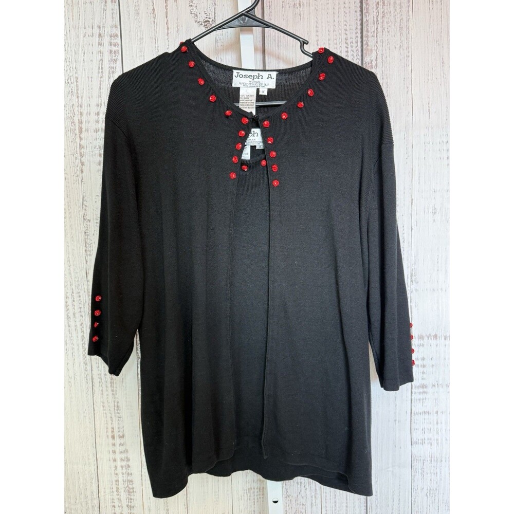 Joseph A Women’s 1X Cardigan Tank Twin Set Black Red Flowers Silk 3/4 Sleeve